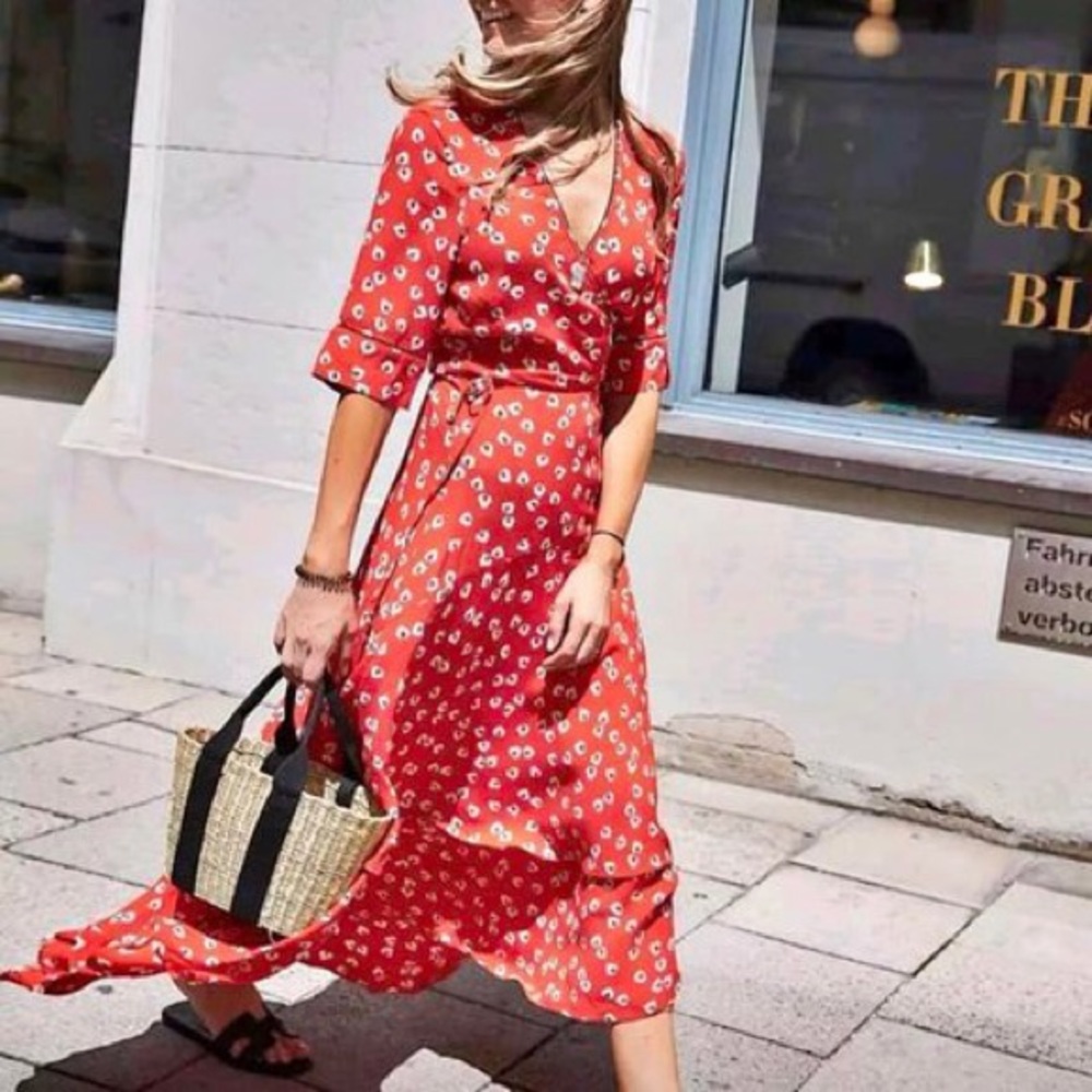 Gianni orange floral wrap dress